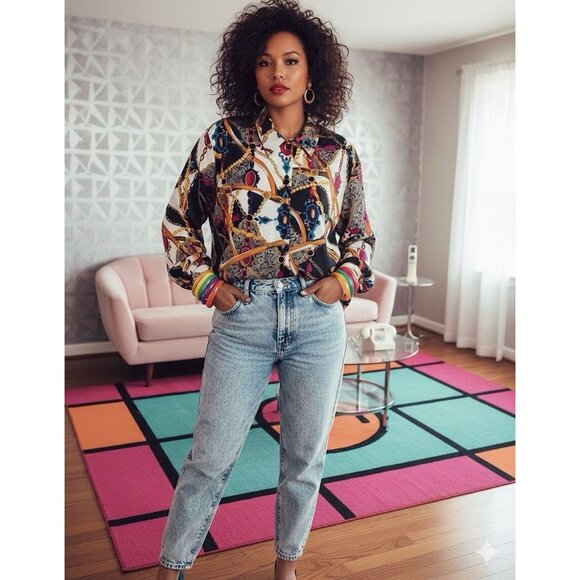 Petite Impressions Tops - Vtg Petite Impressions‎ Women’s Multicolor Long Sleeve Blouse Retro Top 20” Ptp